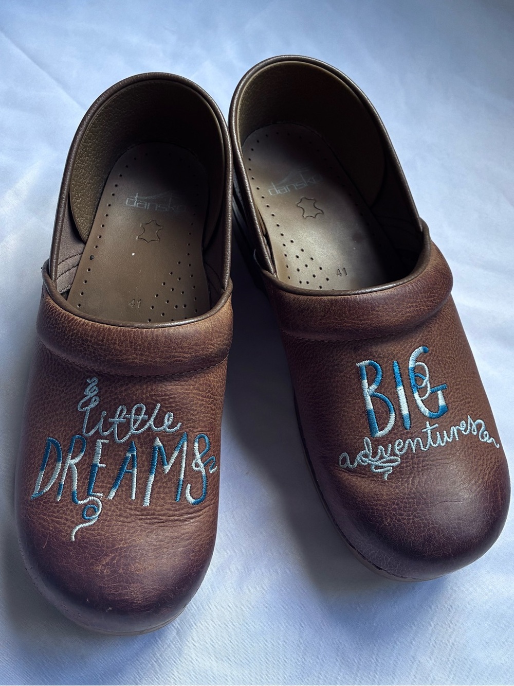 Dansko Twin Pro Leather Embroidered Clogs "Little Dreams Big Adventures"